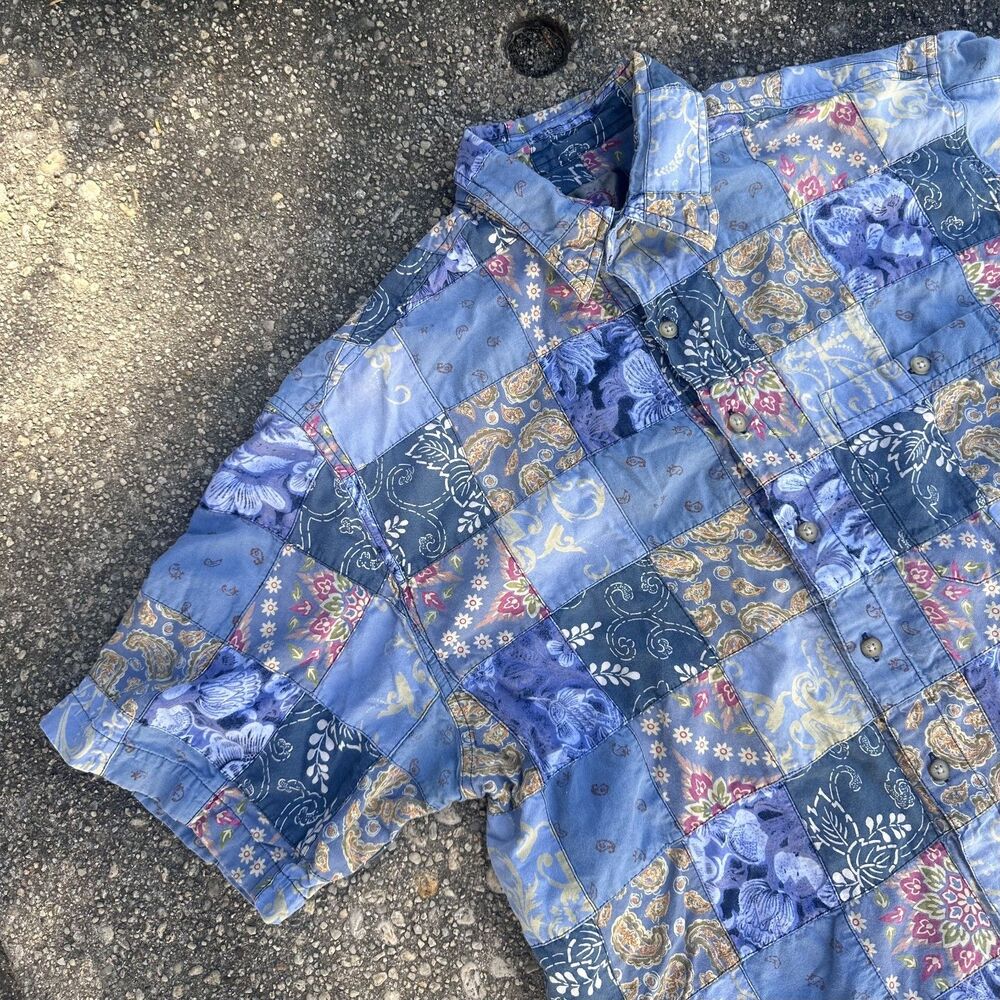Territory Ahead Patchwork Paisley Floral Boho Button Up Shirt Short Sleeve L